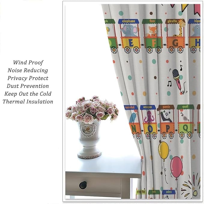 Alphabet Train Kids Curtain Animals Alphabet Children Teens Early Learning Printed Rod Pocket Blackout Window Treatments for Classroom Bedroom Nursery Playroom 52" W X 84" L