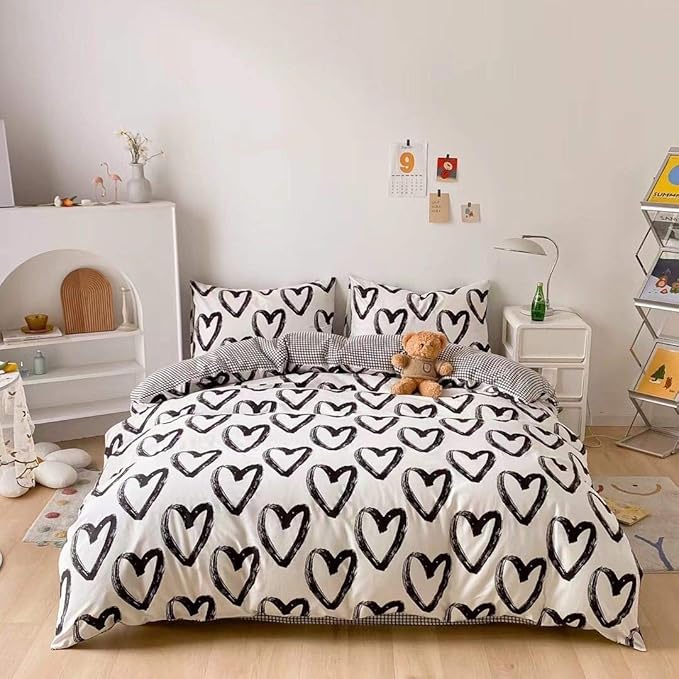 Houseri Love Duvet Cover Twin Heart Shaped Bedding Sets White and Black Duvet Cover for Toddlers Boys Girls Love Heart Bedding Duvet Covers Twin Size