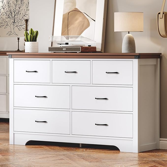 Farmhouse 7 Drawer Dresser for Bedroom, 51" Wide Chest of Drawers, Wooden Dresser TV Stand, Storage Dressers Organizer for Bedroom, Living Room, Hallway