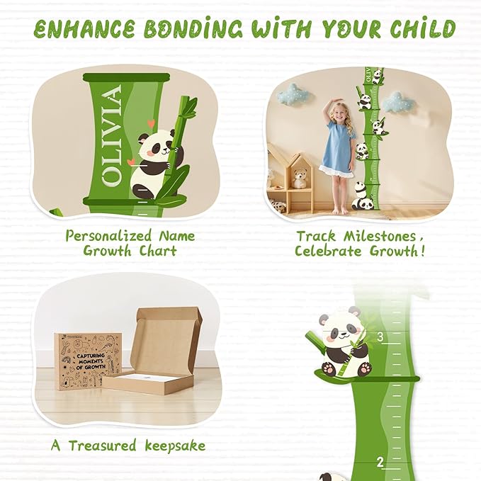 Personalized Bamboo Panda Wooden Height Chart for Kids – Custom Name Growth Chart for Baby Boy Girl, Height Measurement Ruler for Nursery or Playroom Decor