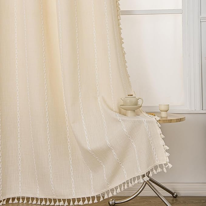Deeprove Boho Curtains 96 Inches Long for Bedroom Living Room, Beige Cotton Linen Stripes Embroidery Weighted, Bohemian Farmhouse Window Treatment Drape Tassels, 1 Panel W52 x L96, Champagne