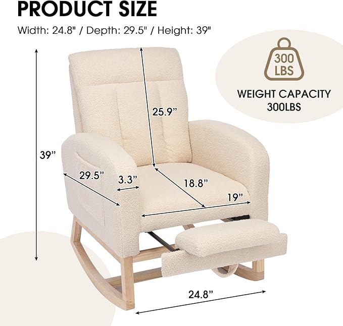 NIOIIKIT Modern Nursery Rocking Chair, Teddy Upholstered Rocking Chair with Footrest, Comfortable Glider Rocker with Side Pocket for Living Room, Bedroom, Nursing Room (Beige)