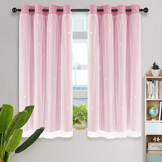 Kinryb Princess Curtains for Girls Bedroom with Sheer Overlay,Double Layer Curtain for Living Room with Star Cutout, Curtains for Kids Room (52 W*45 L Inches,2 Pcs Pink)