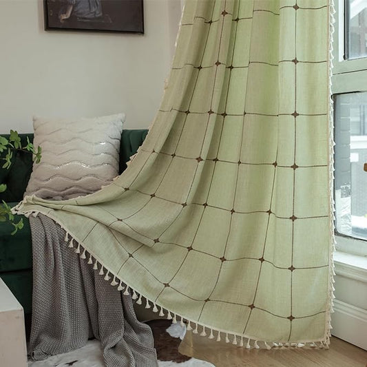 Deeprove Green Boho Curtains for Bedroom 84 Inches Long, Sage Checkered Bohemian Chic Textured Embroidery Plaids, Vintage Tassels Country Decor Drapery, Rod Pocket, 1 Panel W52 x L84, Light Mint