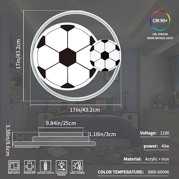 Modern Ceiling Light LED Kids Room Ceiling Lamp for Bedroom Dimmable Soccer Flush Mount Ceiling Light with Remote Control 17" Living Room Light Fixtures for BoysRoom,Kitchen 3000k-6000K