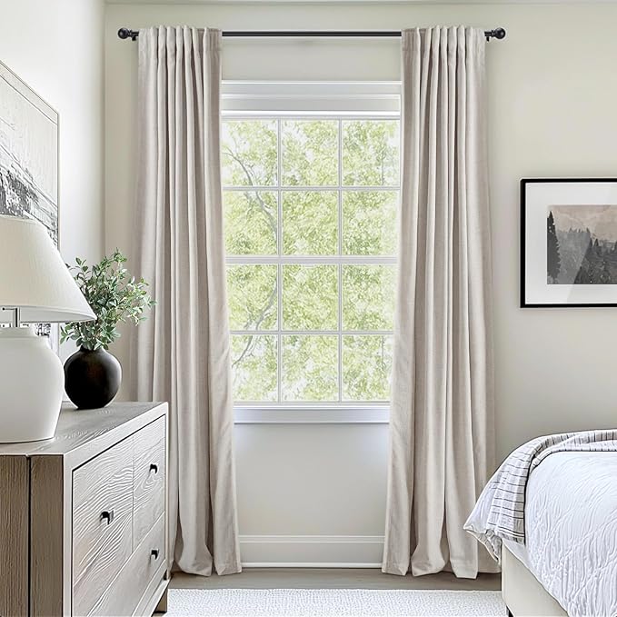 INOVADAY 100% Blackout Curtains for Bedroom, Black Out Curtains 120 Inch Long, Clip Rings Linen Blackout Drapes, Thermal Insulated Room Darkening for Living Room, 2 Panels - Beige,W50xL120