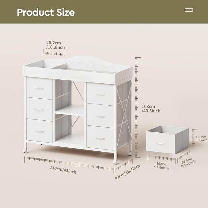Changing Table, 6-Drawer Baby Dresser with Changing Table top, Waterproof Diaper Changing Station & Pad, 2 Height-Adjustable Open Storage Shelves, Mobile Nursery Organizer, White
