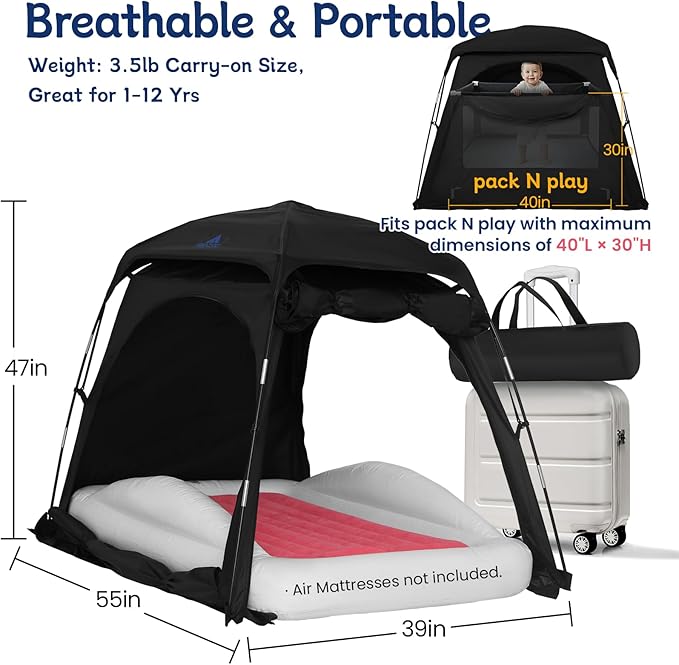 Baby Blackout Sleep Tent with 5 Inch USB Fan Bundle for Pack and Play, Toddler Travel Bed & Kids Cot, 3-Speed Quiet Fan with 6.6ft Cable, Portable & Easy Setup