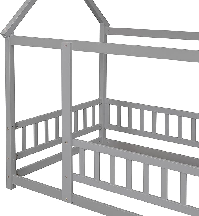 Bellemave Twin Size House Floor Bed Frame,Wooden Montessori Floor Bed with Fence for Kids,Twin Size Kids Bed,Gray