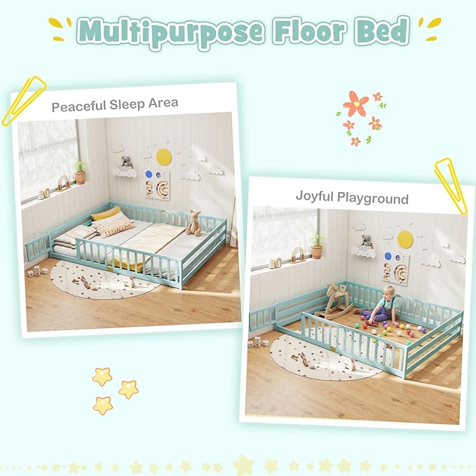 KOMFOTT Queen Size Wood Floor Bed with Door & Fence, Montessori Bed Frame with Full Length Safety Guardrails, Door & Latch, Wooden Montessori Floor Bed for Kids, Girls, Boys (Queen,Green)