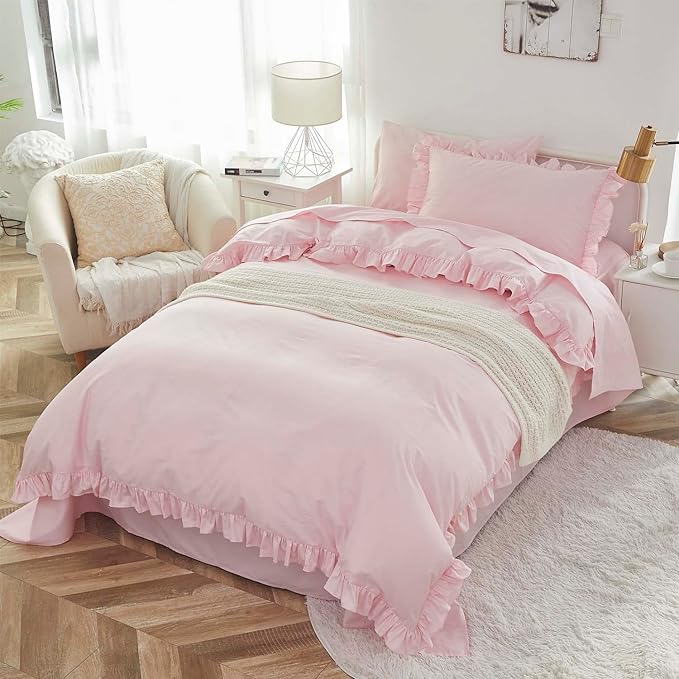Brandream Kid's Duvet Cover Twin/Twin XL Size,100% Organic Cotton 2pcs Girl Bedding Duvet Cover Set, Ruffled Fringe Solid Color Breathable Soft with Zipper Closure & Corner Ties(Pink)