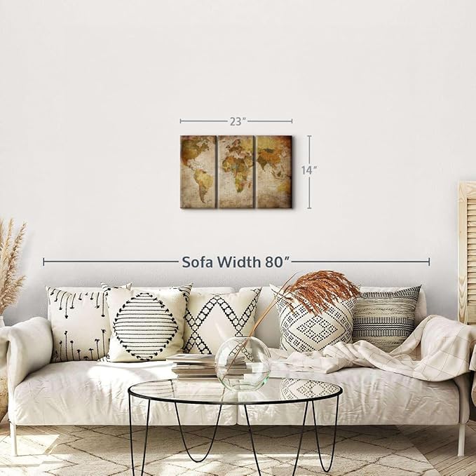 ElephantStock World Map Multi Piece Canvas - 3 Piece Canvas World Map Wall Decor - Wall Decor, Ready-to-Hang Print - Vintage Wall Art - 23" X 14"