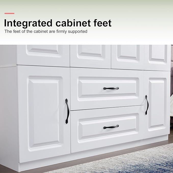 4 Door Armoire Wardrobe Closet, Wood 2 Drawers Armoire Storage Cabinet for Large Capacity, White Bedroom Armoires for Clothes with Hanging Rod and 5 Storage