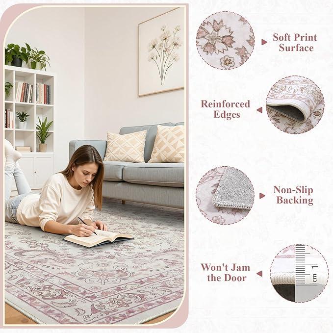 Wonnitar Vintage Floral Rugs for Bedroom Girls, 5x7 Washable Pink Nursery Rug for Baby, Ultra-Thin Non Slip Soft Medallion Carpet for Aesthetic Decor Toddler Kids Room Living Room