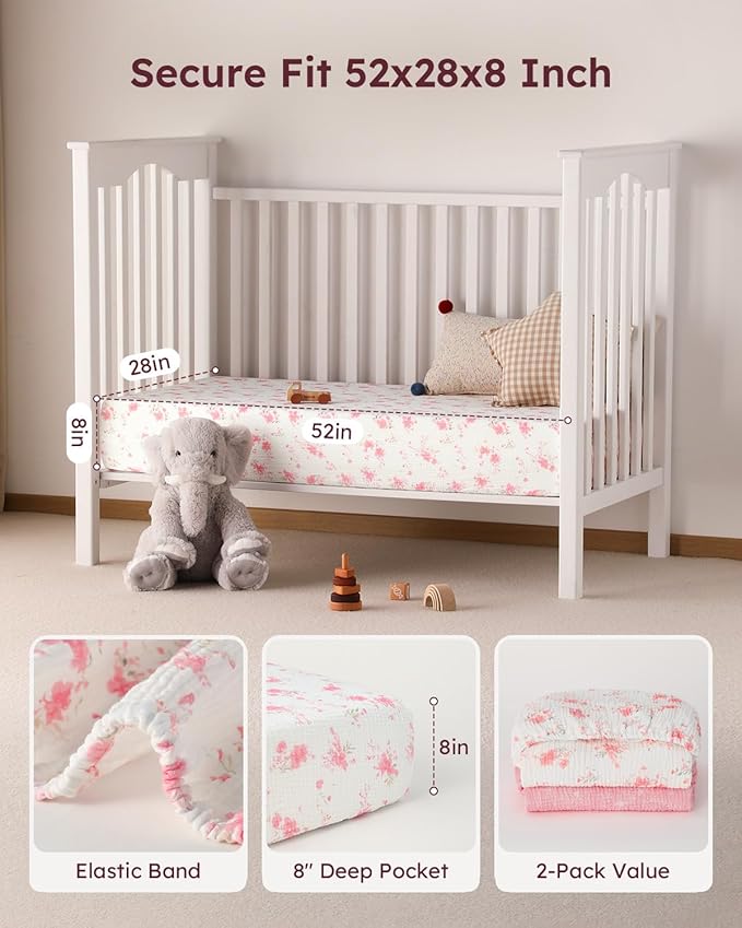 Yoofoss Muslin Crib Sheets for Boys Girls, Organic Baby Crib Sheets for Standard Crib Mattress & Toddler Mattress, Soft, Breathable, Durable 52"x28"