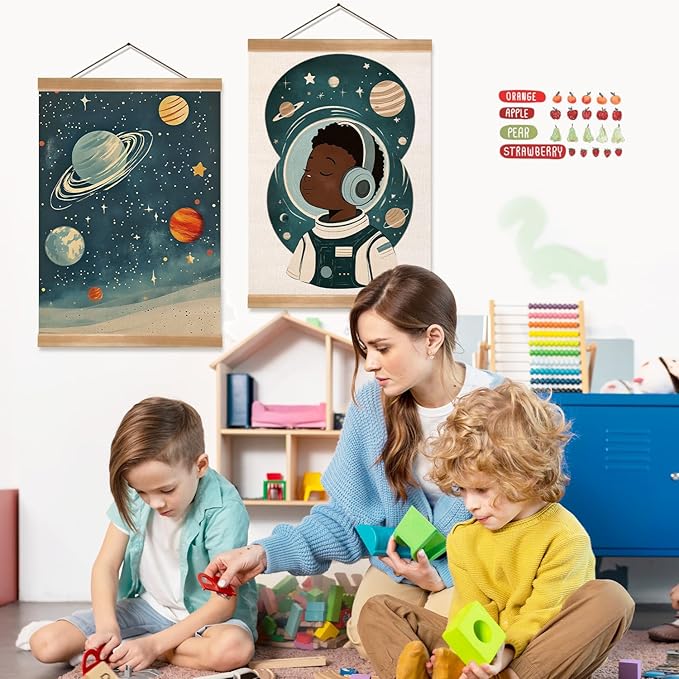 ZTGDA Solar System & Astronaut Wall Art Set of 2, Space Poster with Wood Hanger, Universe Theme Kids Room Decor for Boys and Girls, Classroom or Nursery Wall Display, 12x16 Inch(Space travel-01)