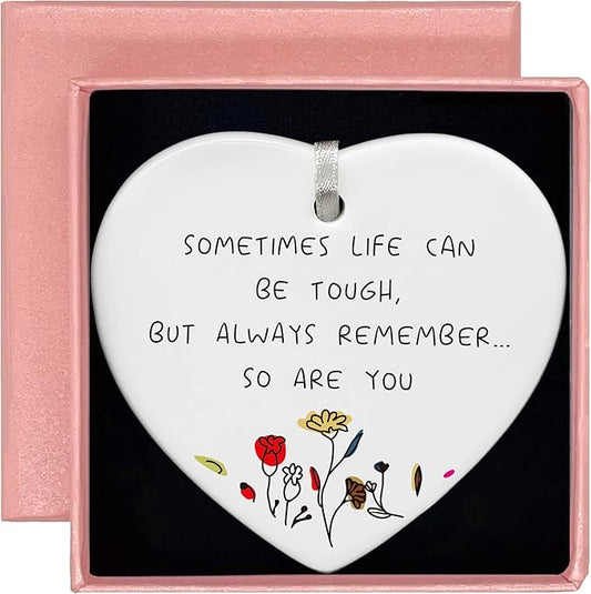 Heart Shaped Christmas Ornament-Encouragement Motivational Sympathy Gift-Get Well Soon Condolence Cheer Up Present-Sometimes Life Can Be Tough Double-Sided Ceramic Decor