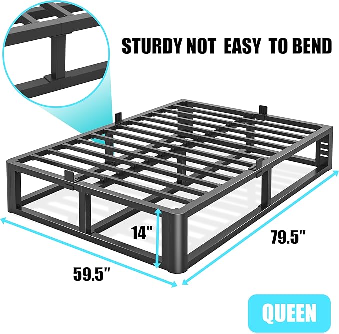 Metal Heavy Duty 14 inch Queen Bed Frame with Rounded Corner and Headboard Hole Mattress Retainers 3500 LBS No Box Spring Needed Platform Noise Free Easy Assembly