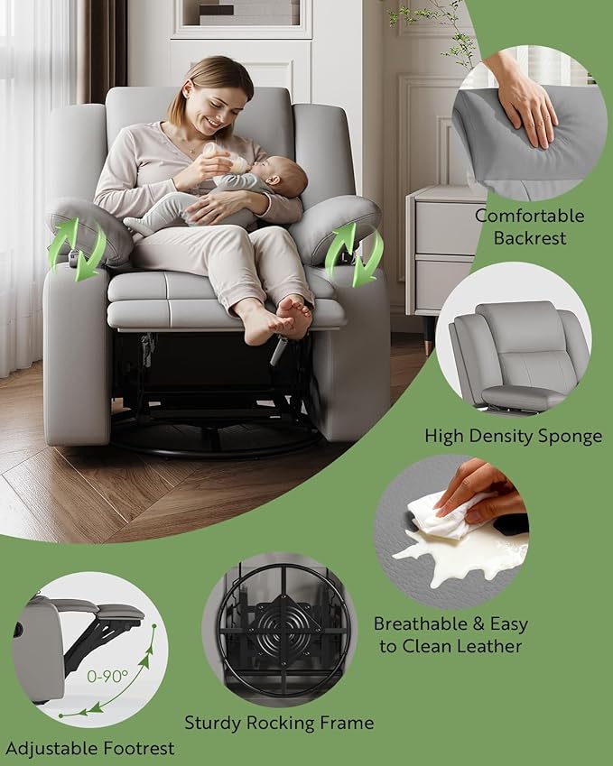 AILEEKISS Rocking Chair Nursery Swivel Recliner Glider Chair with Adjustable Armrests,Headrest Rocker Nursing Chair for Breastfeeding Comfy Upholstered Living Room Reclining Chairs for Bedroom(Grey)
