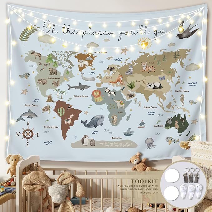LIANGW World Map Tapestry Wall Hanging for Kids, Animal Continents Wildlife Educational Geography Learning Wall Blanket Decor for Classroom Toddler Kids Room Nursery Playroom, 50x60 Inch