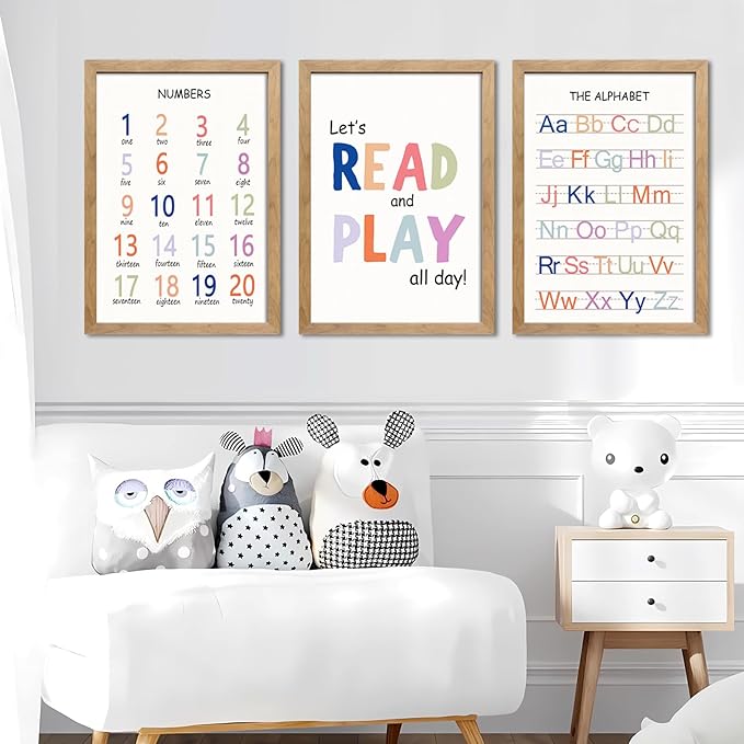 Cute Alphabet Numbers Framed Wall Art Set of 3, Boho Educational ABC Poster Wooden Sign for Baby Girl Kid Boy Toddlers, Neutral Preschool English Letters Nursery Decor for Homeschool Playroom Daycare