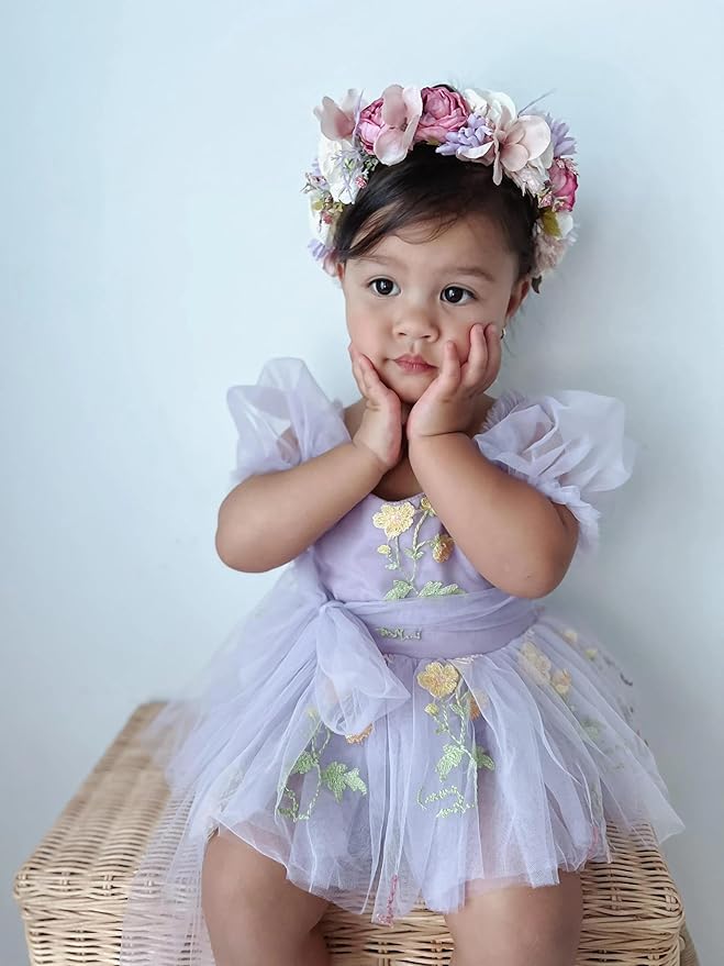 Flower Crown for Girls Children Floral Headpiece Pink Kids Headband Wedding Holo Hair Accessories Birthday Photo Prop (Dark Pink)