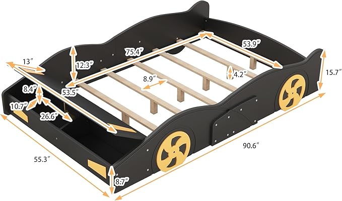 Full Size Race Car-Shaped Platform Bed Bedframe with Wheels and Storage, 90.6" L x 55.3" W x 15.7" H Black+Yellow