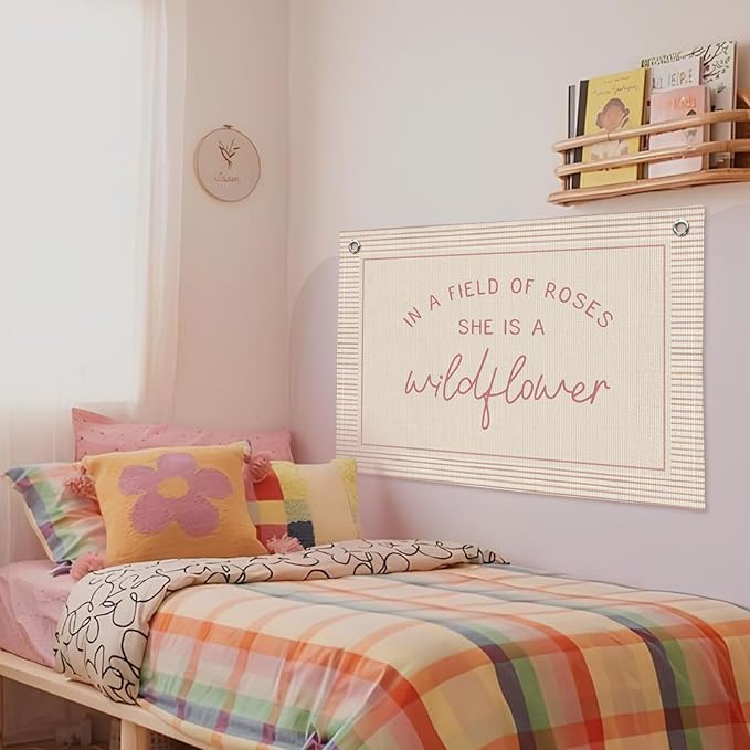Wildflower Nursery Decor, Girls Room Decor - In a Field Full of Roses She Is a Wildflower Pink Linen Banner Flag for Little Girl Baby Girl - Pink Line