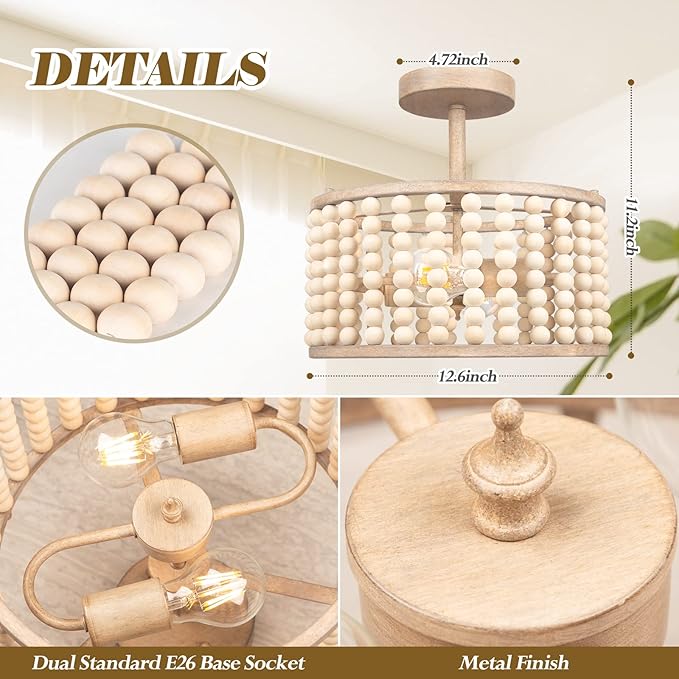 Wood Beaded Boho Ceiling Light Fixture - Vintage Semi Flush Mount Chandelier, 2-Light Bohemian Beaded Nursery Light Fixture for Kids, Living Room, Bedroom, Kitchen Island, Entryway, E26 Socket