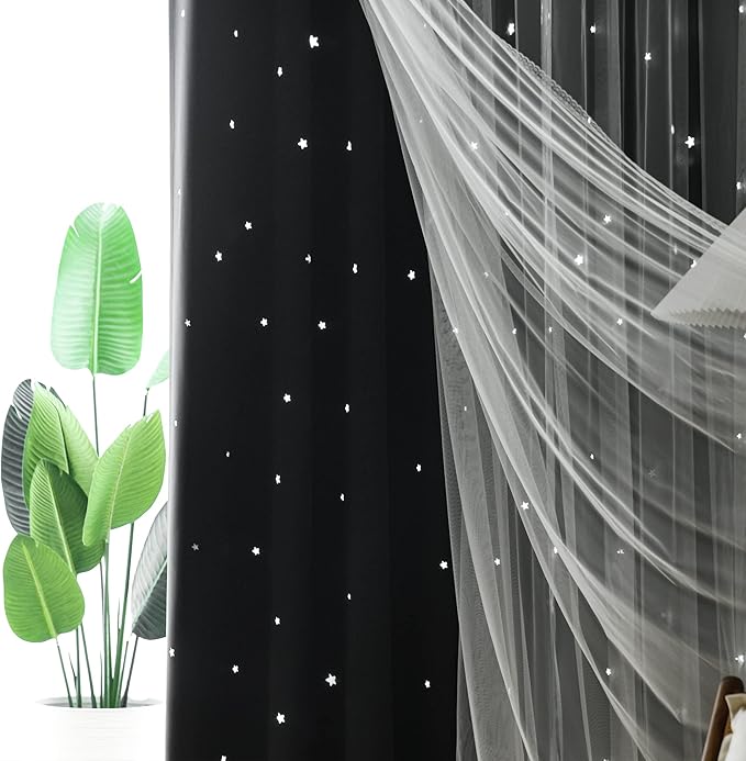 Kinryb Kids Blackout Curtains for Bedroom/Living Room/Classroom, Sheer Overlay 2 Free Tiebacks, Double Layer Curtains with Star Cutout for Kids Room(Each Piece W 70 x L 84 Inches 2 Pcs Black)