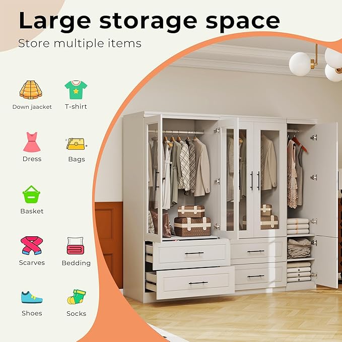 5 Door Armoire Wardrobe Closet with Mirror, Wood Wardrobe Closet with Glass Door Combination Bedroom Armoire 4 Drawer with Hanging Rods for Home/Bedroom/Living Room