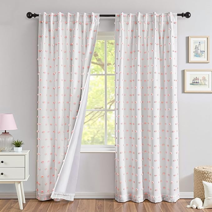 MYSKY HOME Pink Blackout Curtains for Girls Bedroom 84 Inches Long Total Light Blocking Girl Room Curtain 2 Panels Room Darkening Back Tab Window Drapes with Pom Pom Sheer 52W x 84L