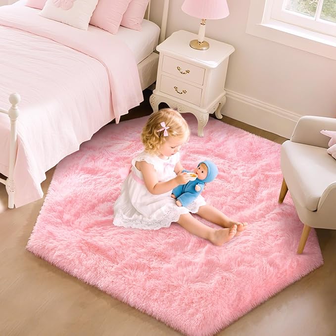 EVOIONOS Pink Hexagon Rug for Princess Tent, Fluffy Area Rug for Kids Room, 4x4.6 Feet for Girls Tent, Furry Soft Nursery Rug, Fuzzy Plush Carpet for Teen Girls Bedroom