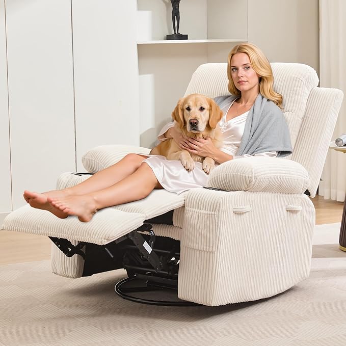 Recliner Chair Nursery, Oversized Manual Reclining Rocking Chair, 360 Swivel Glider with Cup Holder, Massage and Heat Recliner, Indoor Small Single Sofa Chairs for Adults, RV, Bedroom, Corduroy Beige