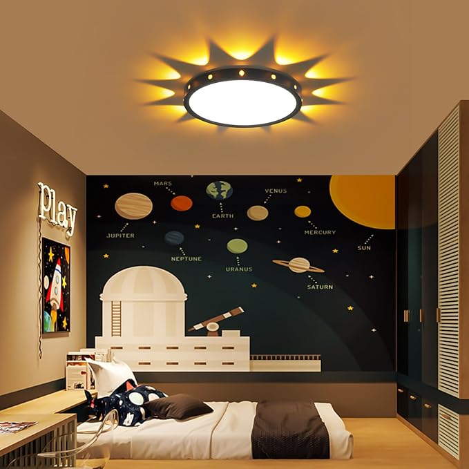 12in Flush Mount led Ceiling Light fixtures.24W Ceiling lamp with Night Light for Bedroom, Kids Room,Hallway Baby’s Nursery Black Round