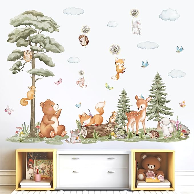 decalmile Large Forest Animals Tree Wall Decals Bear Deer Fox Woodland Wall Stickers Baby Nursery Kids Room Daycare Wall Decor