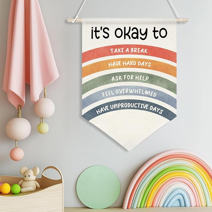 It's Okay To Wall Hanging Banner,Mental Health Rainbow Canvas Poster for Kids Teens Classroom Decor, Self-Care Quote for Therapy Office, Counselor Room, Bedroom or Nursery, 11x16 Inch(KD32)