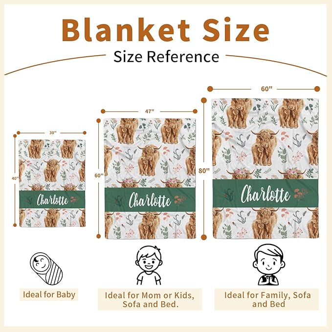 Personalized Baby Name Blanket for Boy Girl, Soft Flannel Blanket with Double Layer Dotted Backing for Infant Newborn, Nursery Crib with Floral Highland Cow Design, Gifts for New Mom(47" x60)