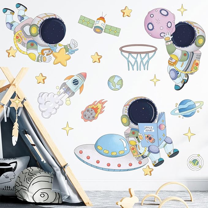 Space Decor Astronaut Wall Stickers Murals & Decals Space Theme Bedroom Classroom Playroom Sticker Outer Spaces Room Decor Spaces Wallpaper Planet Wall Decals for Boys Girls Room