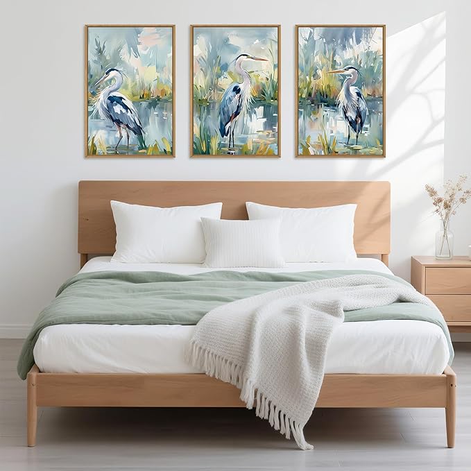 HLNIUC Great Blue Heron Wall Art Set of 3, Watercolor Coastal Bird Wall Decor(16x24), Wildlife Animal Illustrations Canvas Painting, Modern Boho Nature Avian Art Prints for Living Room,Bedroom, Office