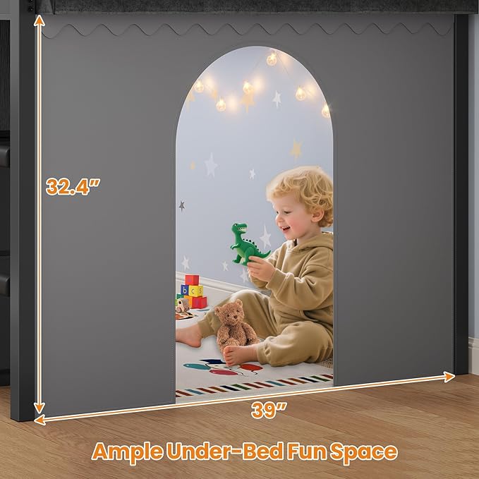 BTHFST Twin Size Loft Bed for Kids, 8 Storage Drawers & LED Lights, House Shaped Metal Bed with Bookcase, Soft Foam Ladder, 13.4" Safety Guardrail, Space Saving, Fun Curtain