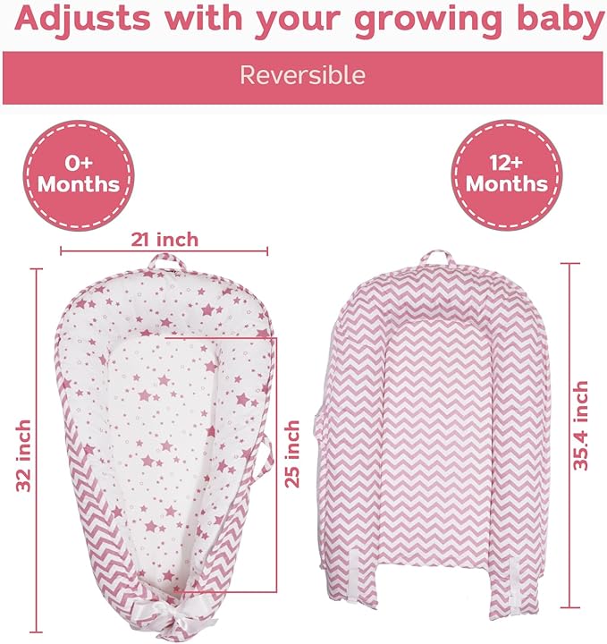 Baby Lounger | Organic Cotton Infant Lounger | Reversible, Adjustable & Portable Floor Lounger | Supervised Use | Soft, Breathable, Washable Cover - Star Collection (Pink)