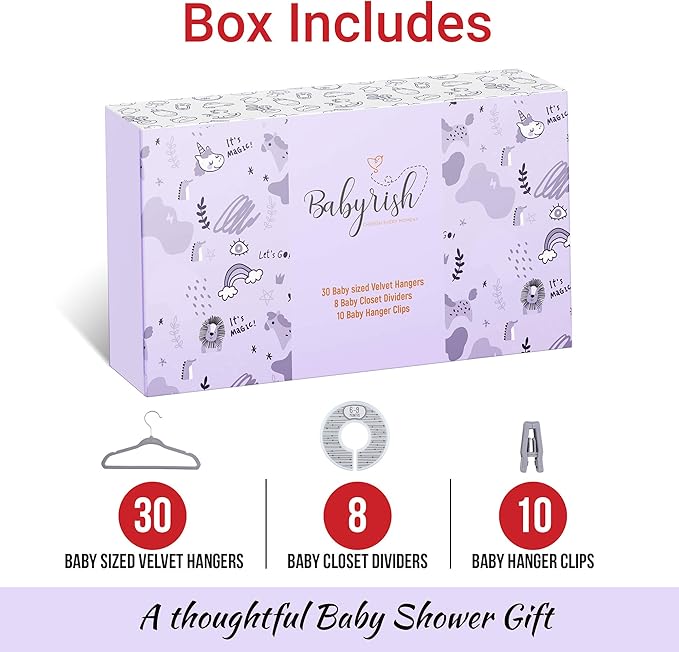 Velvet Baby Hangers with 10x Clips and 8X Dividers (30 Pack) | 11” Ultra-Slim Baby Clothes Hangers | Non-Slip Felt | Space-Saving Nursery & Infant Closet Organizer | Gray