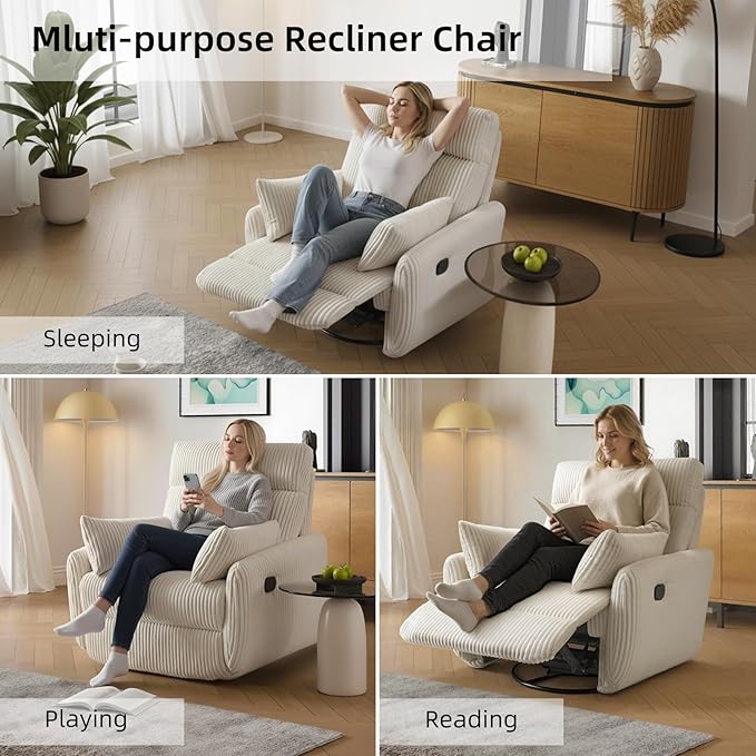 Swivel Recliner Chair for Adults, Corduroy Nursery Glider Rocking Chair, Armchair with 2 Pillows, Comfy High Back Reclining for Small Spaces, Nursery Bedroom Living Room (Corduroy Beige, 1 Pack)