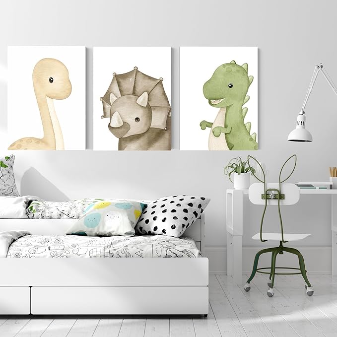 arfitest Dinosaur Wall Art Kids Boys Room Canvas Wall Decor Dino Nursery Wall Art Pictures Baby Dinosaur Poster Prints for Boys Bedroom Bathroom 12x16 Inch Framed Set of 3