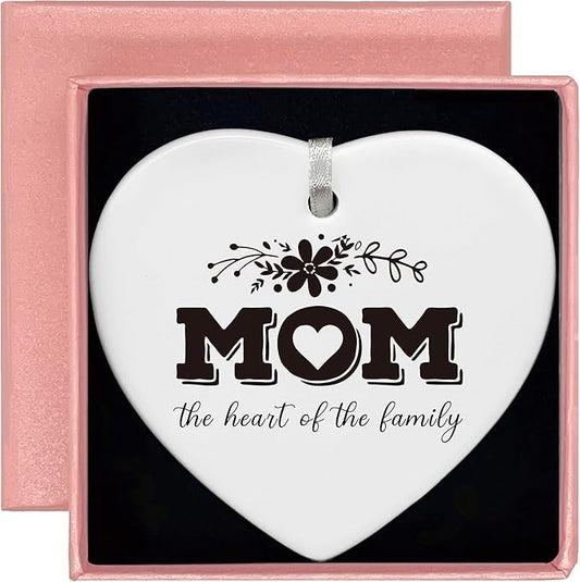 Heart Shaped Christmas Ornament-Mother’s Day Birthday Thanksgiving New Year Gift for Mom Life Appreciation Present-Mom The Heart of The Family Thank You Mommy Ceramic Keepsake Decor