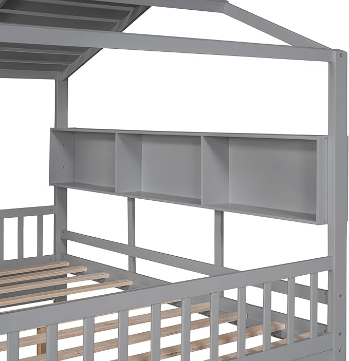 Merax Wood Full Multifunctional Montessori Daybed with Drawers/Storge Shelves, Low House Bed for Kids Boys Girls,Easy Assemble, Gray