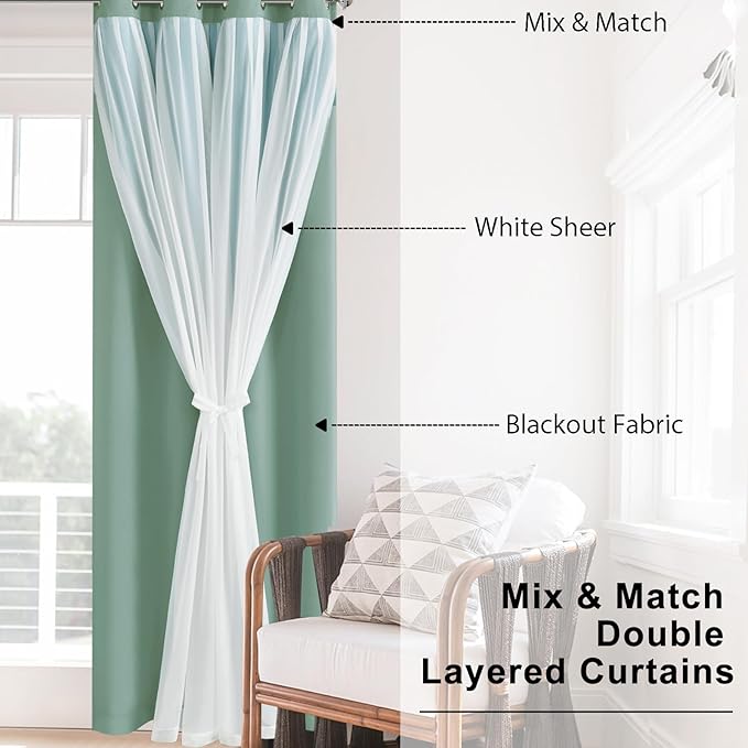 Hiasan Light Sage Green Double Layer Blackout Curtains with Sheer Overlay, Extra Long Mix & Match Thermal Insulated Grommet Window Curtains for Bedroom, Living Room, 2 Panels with Tiebacks, 52W X 108L
