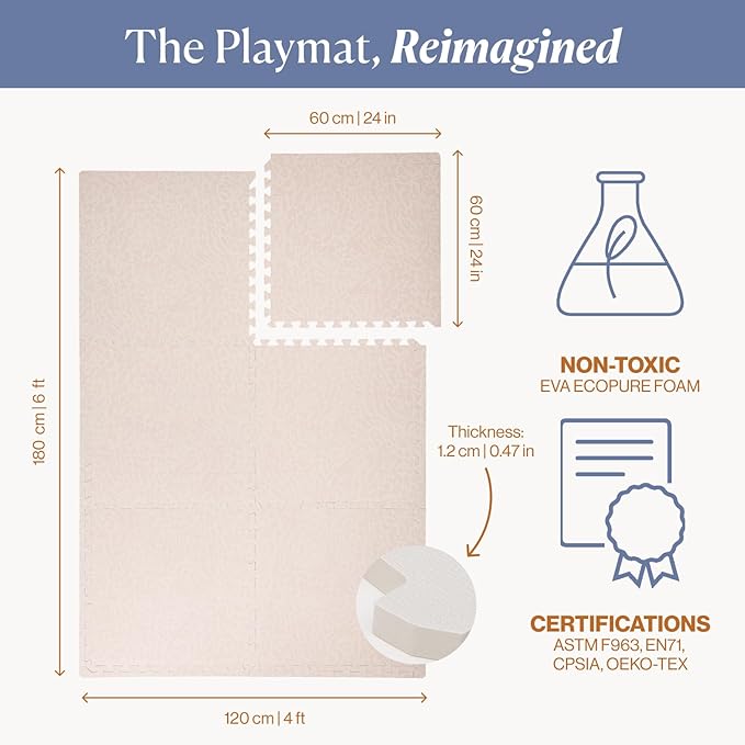 Toddlekind Playmat - Premium Foam Playmat, 4 x 6 feet, 6 Tile Extra Thick Foam Floor Puzzle Mat for Babies/Toddlers Stylish, Non-Toxic, Odorless. Perfect for Tummy Time & Play. 0m+ (Cream/Off White)