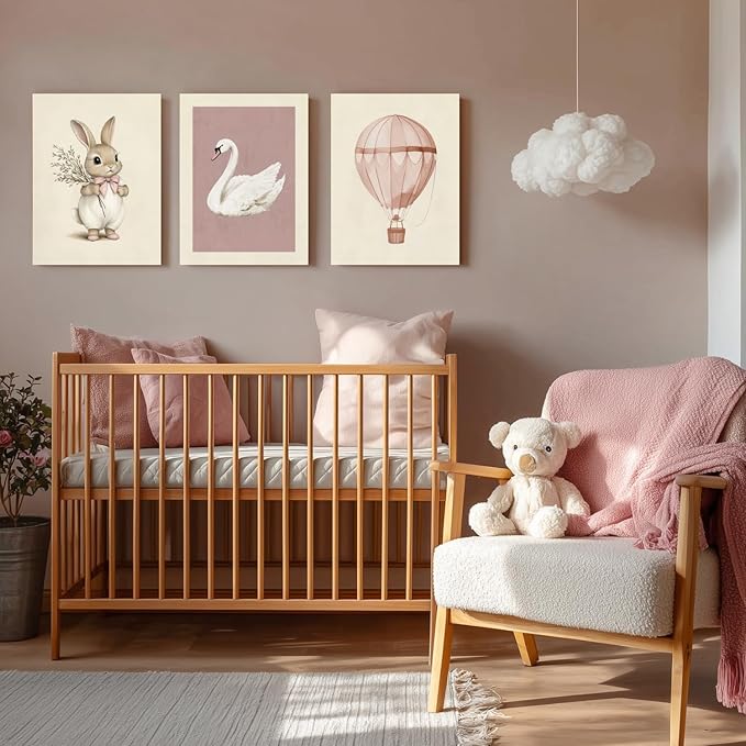 kilamino Pink Baby Girl Nursery Wall Art, Neutral Cute Rabbit and Swan Wall Decor, Vintage Hot Air Balloon Poster Prints, Pastel Bunny Animals Canvas Paintings for Baby Room Playroom Framed 12"x16"x3
